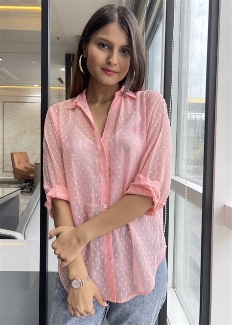 Get Peach Swiss Dot Solid Shirt at ₹ 699 | LBB Shop