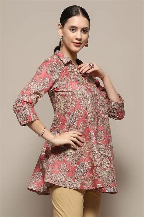 Rust Cotton Floral Printed A-Line Shirt Style Kurti at Biba India