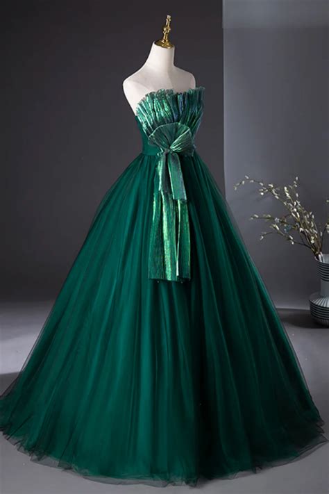 Dark Green Strapless Tulle Long Prom Dress, Beautiful A Line Formal ...
