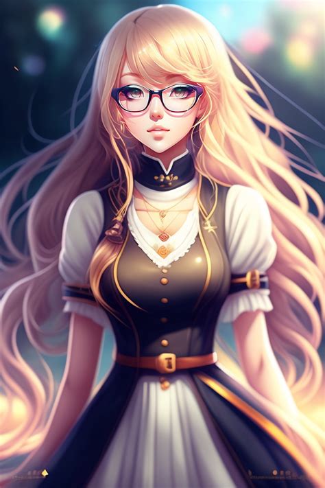 Lexica - Girl, glasses, long hair, blonde, dress, anime style, anime