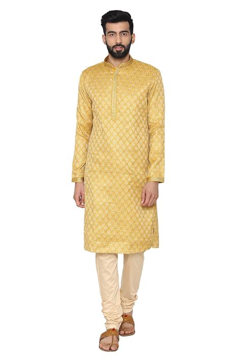 Buy Manyavar Men's Cotton Blend Kurta Churidar Set (S952804_Yellow_S ...