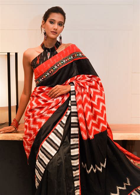 Fancy red and black Ikat with Chanderi combination saree – Sujatra