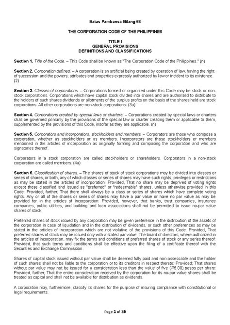 Batas Pambansa Bilang 68 - Title of the Code. – This Code shall be ...