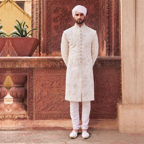 Buy Mughal Style Threadwork White Dulha Sherwani Online | Suvidha Fashion
