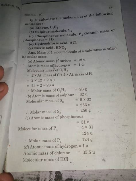 Molecular mass of S8 =8×32 =256u ∴ Molar mass of S8 =256 g | Filo