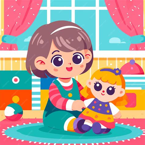 Ilustración de una niña jugando con una muñeca de juguete | Vector Premium