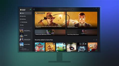 front view of a monitor displaying a menu from the Xbox app on Windows PC