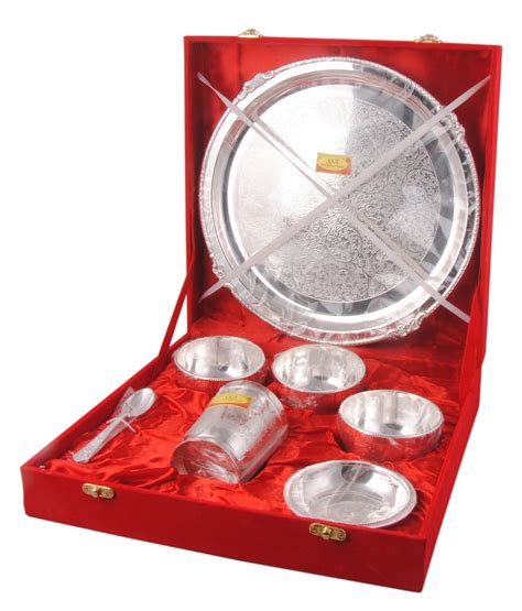 Premium Brass Silver Plated Dinner Set - (7 Pieces, with Valvet Box, E ...