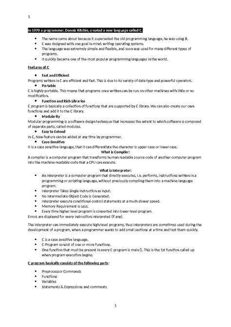 C Programing Notes First Year - In 1970 a programmer, Dennis Ritchie ...