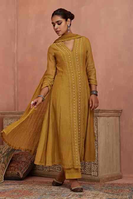 Buy Yellow Kota Doria, Chanderi, Cotton Pearls, Lace V-neck A-line ...