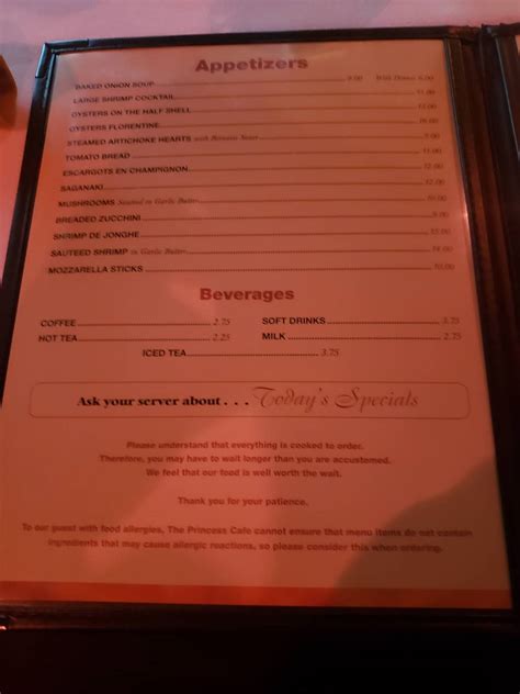 Menu at Princess Cafe, Beecher