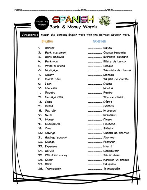 Spanish Bank & Money Vocabulary Matching Worksheet & Answer Key | Made ...
