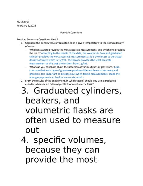 Post Lab Summary with Questions-1 - Chm2045 L February 2, 2023 Post-Lab ...