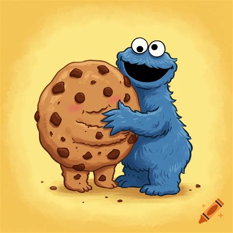 Cookie Monster gleefully stands in a kitchen full of cookies and splashing milk, holding a ...