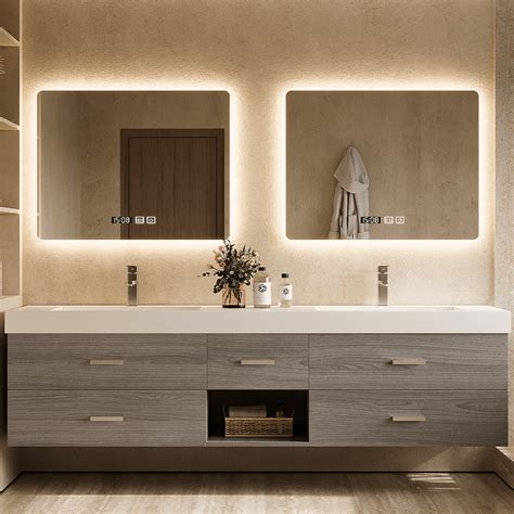 56"- 78" Floating Modern Bathroom Vanity with Double Sinks and LED Sma ...