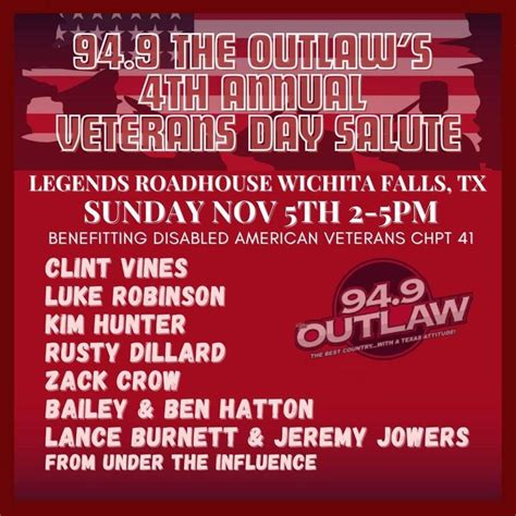 94.9 The Outlaw’s 4th Annual Veterans Day Salute, Legends Roadhouse ...