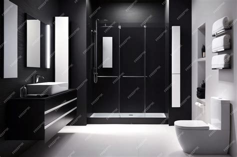 Modern All Black Bathroom Design With White Bathroom Cabinet | Premium ...