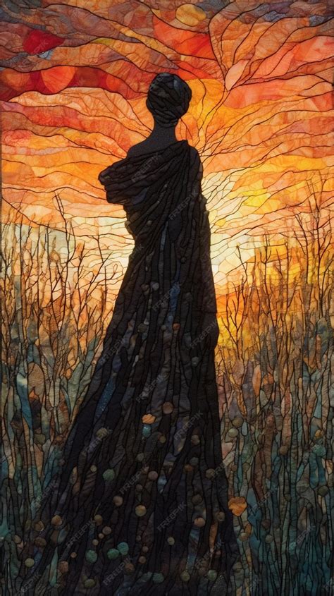 Premium AI Image | A stained glass painting of a woman in a field with ...