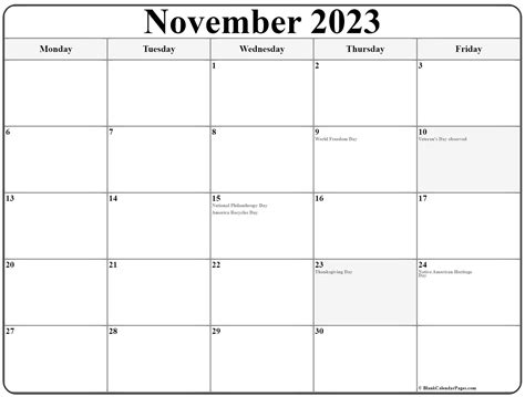 Calendar November 2023 Holidays - Printable And Enjoyable Learning