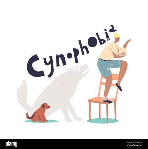 Woman suffering from cynophobia, fear of dogs. Scared cartoon female afraid of small dog puppy ...