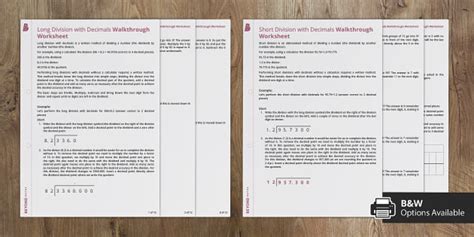 Long and Short Division with Decimals Walkthrough Worksheet