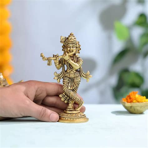 Buy Brass Lord Krishna Playing Flute Idol – 6" Decorative Statue ...
