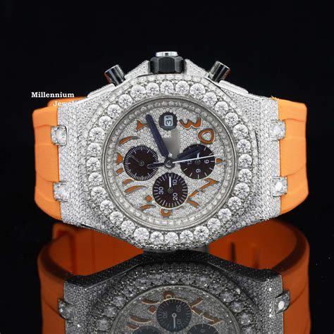 Iced Out Moissanite Diamond Orange Belt Chronograph Wrist Watch ...