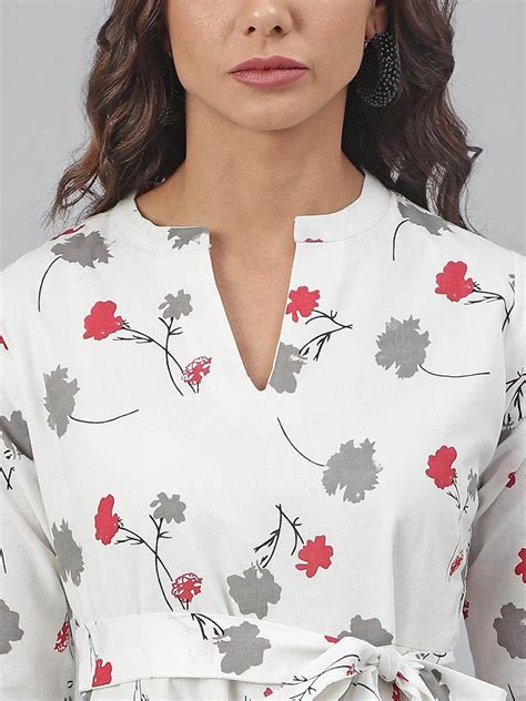 White Cotton Floral Print Flared Western Dress – indowl