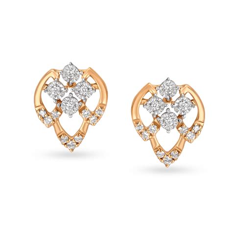 Triple Leaf Design White and Rose Gold and Diamond Stud Earrings