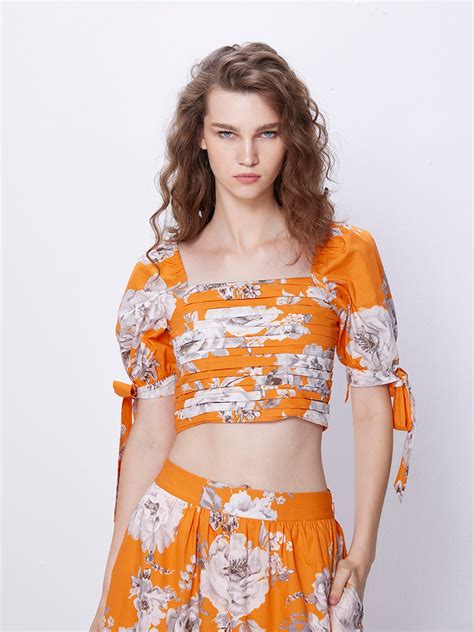 Orange Floral Ruched Top
