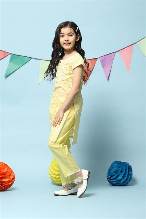 Lemon Yellow Cotton A-Line Kurta Regular Pants 2 Piece Set