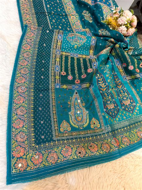 Sajda Teal Blue Pure Silk Dupatta With Real Mirror Handwork 2.50 meter ...