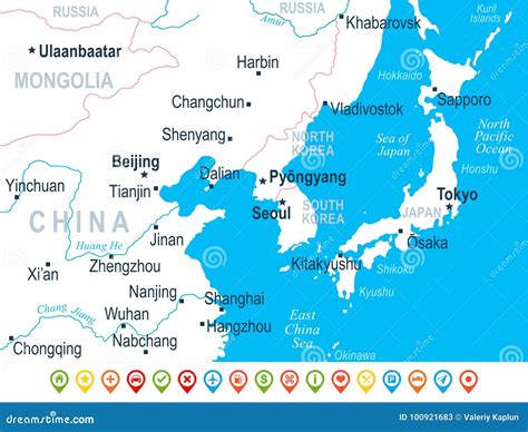 North Korea South Korea Japan China Russia Mongolia Map - Vector Illustration Stock Illustration ...