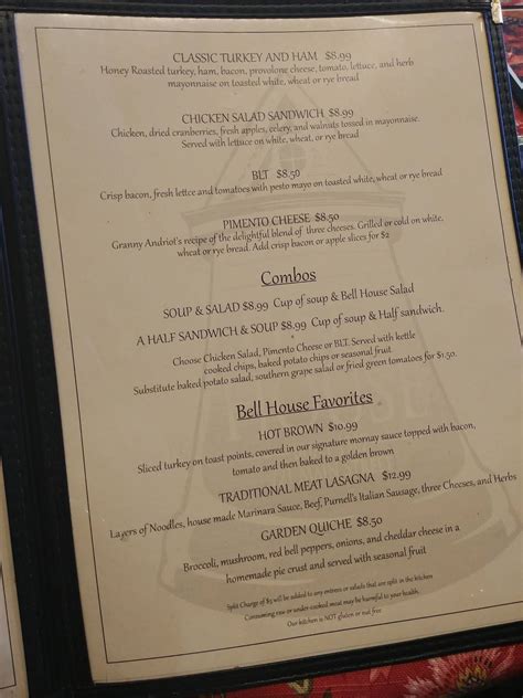 Menu at Bell House Restaurant, Shelbyville