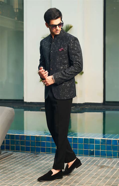 Black Embroidered Bandhgala Set – Bonsoir | Blended Fabric