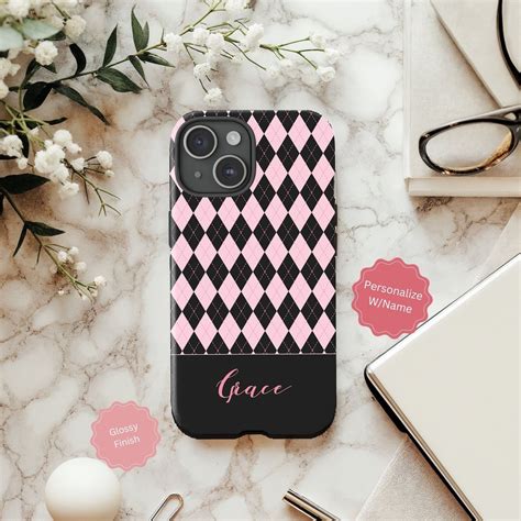 Custom Coquette Aesthetics Phone Case With Name, Argyle Checkered Cell ...