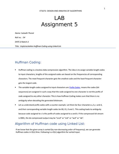 DAA TY ENTC-D LAB 5 54 - Huffman coding is a lossless data compression ...