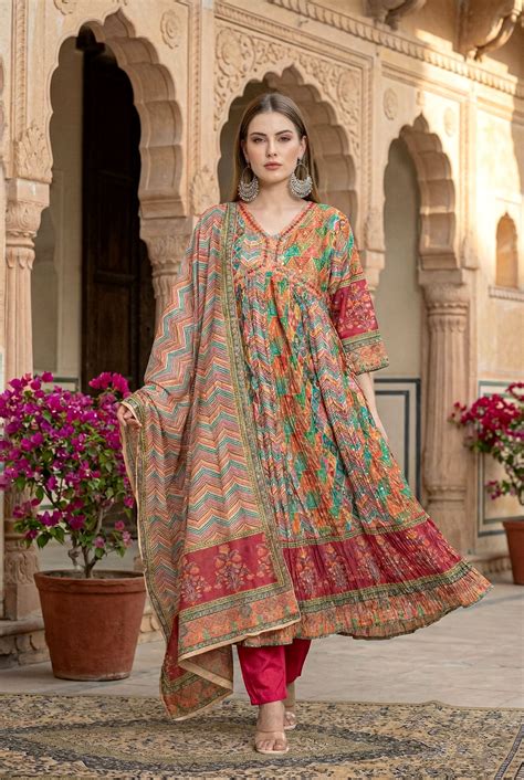 Embroidered Anarkali Suit with Leheriya Print Dupatta – THE NAVRA
