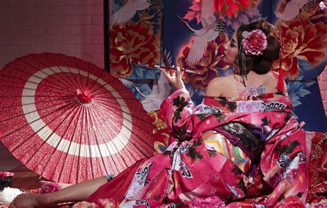 Wallpaper pose, style, umbrella, Japanese, tube, geisha, kimono, Asian ...