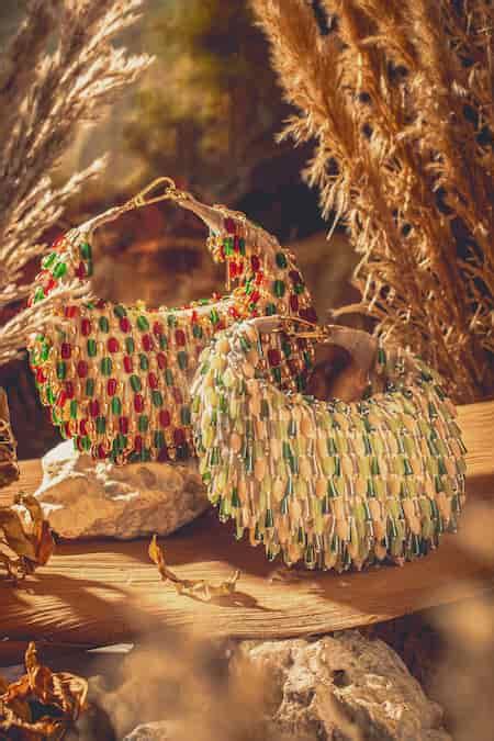 Buy Beige Stones, Crystals Nano Bead Work Boat Bag by FOREVER NOOR ...