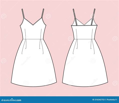 Flared Strap Dress Flat Sketch. Summer Gown Apparel Design. Front Back Stock Vector ... - Dress Flat Sketch