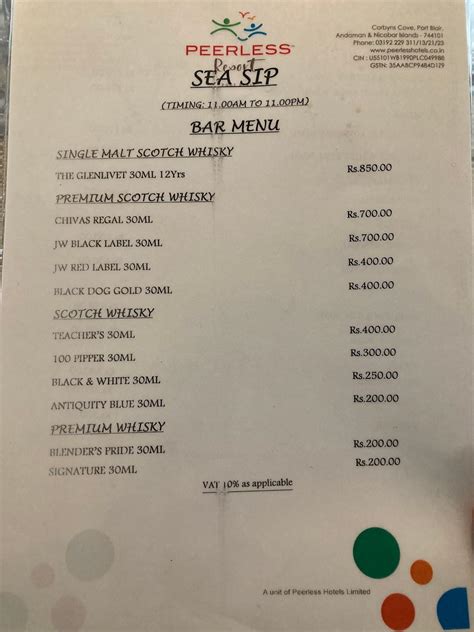 Menu at Corbyn’s Delight Restaurant and Bar, Port Blair