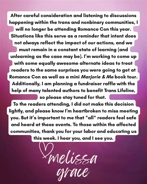 Melissa Grace | Announcement regarding Romance Con After careful consideration and listening to ...
