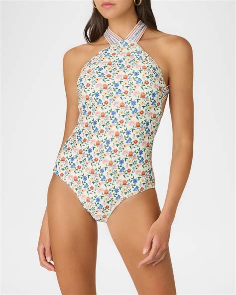 Shoshanna Floral High Neck One-Piece Swimsuit | Neiman Marcus