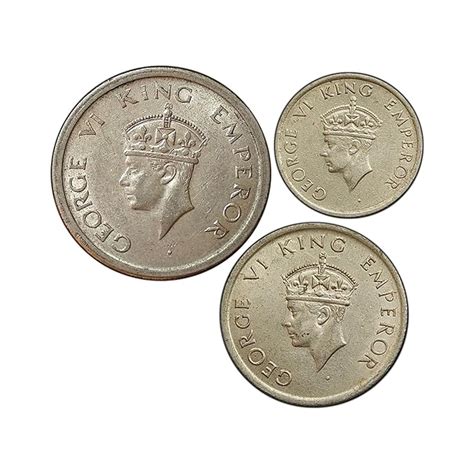COINIACS Set of One, Half & Quarter Rupee 1946-47 George VI King Nickel ...