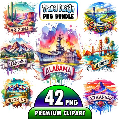 42 Pngs , Retro Travel Design Iconic U.S. States , PNG Bundle I Global ...