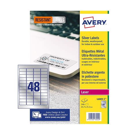 Avery L6009-5 Resistant Labels, Silver (A4 Sheet of 46 x 21 mm, 240 ...