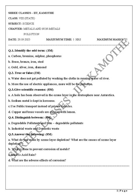 SHREE CLASSES IIT: Science Chapter on Metals & Pollution (State) - Studocu