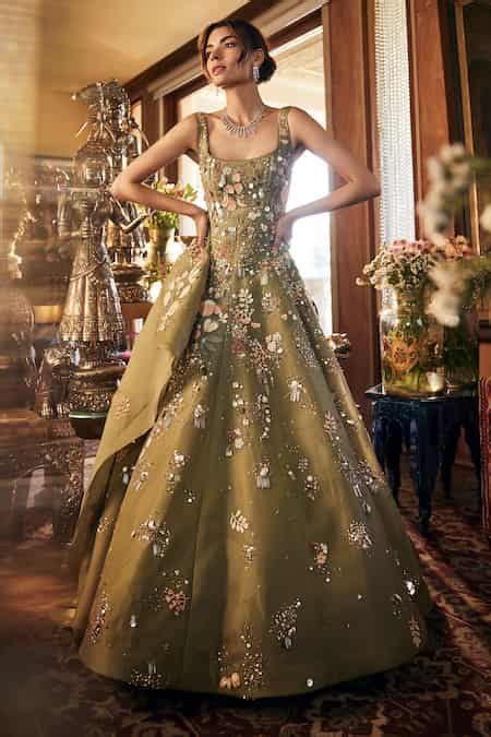 Buy Green Organza Embroidery, Sequins Square Neck Gown For Women by ...