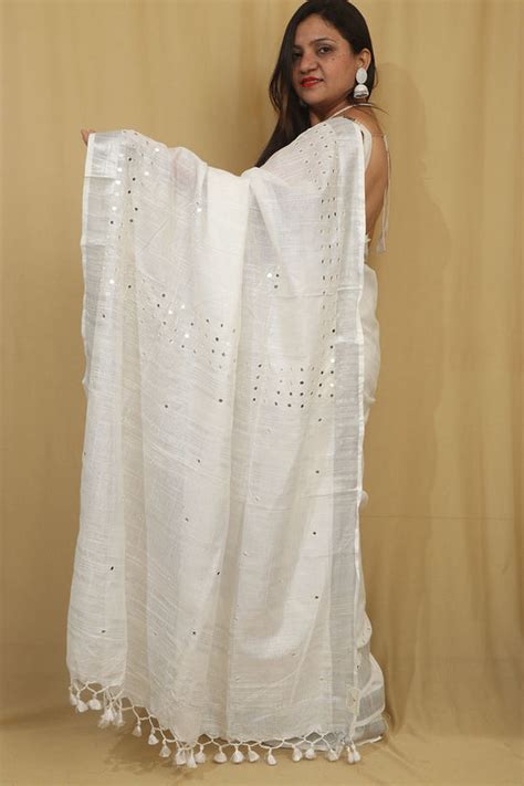 White Linen Bhagalpur Sequins Saree